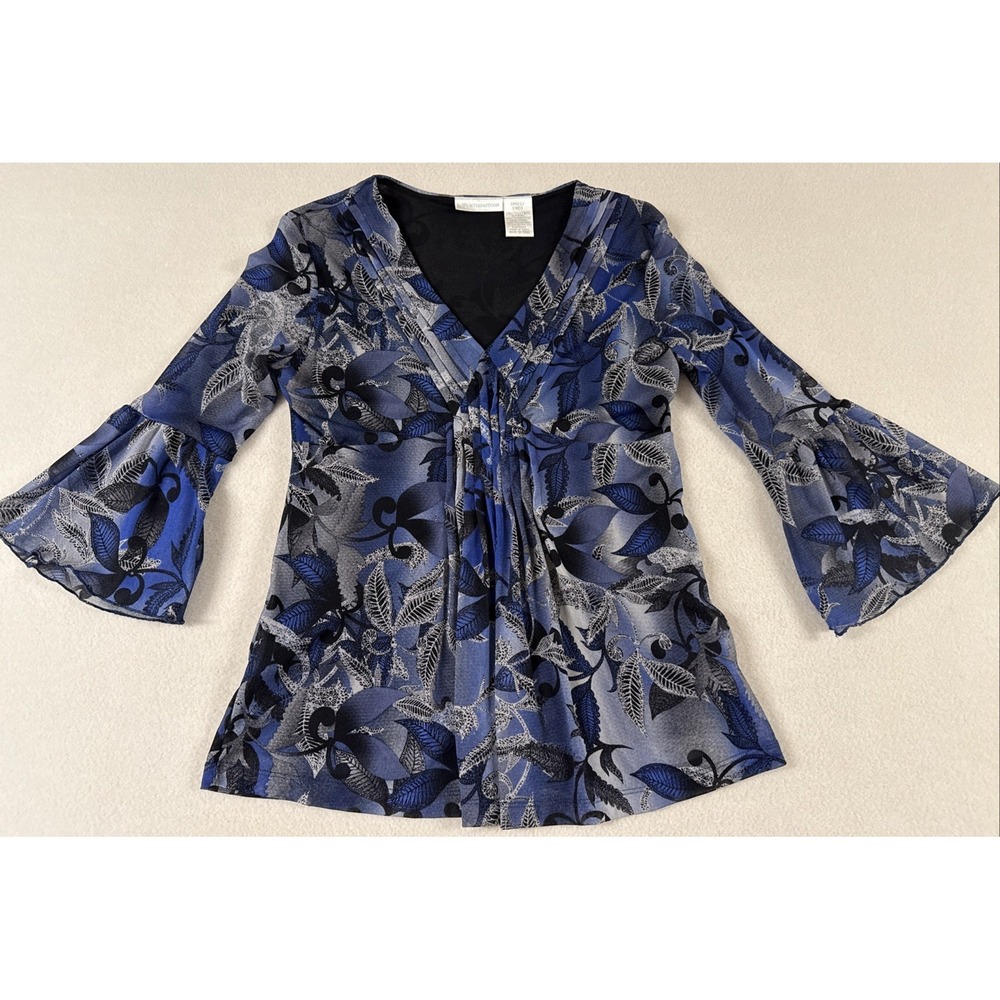 Y2K Babydoll Top Small Abstract Bell Sleeve Blue Botanical Pleated Flowy Ruched